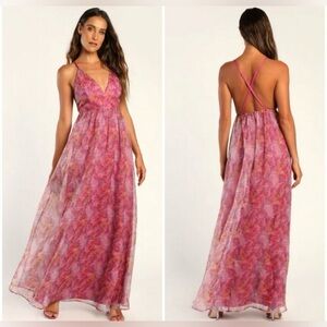 Lulu’s Bloom Wildly Magenta Floral Organza Maxi Dress